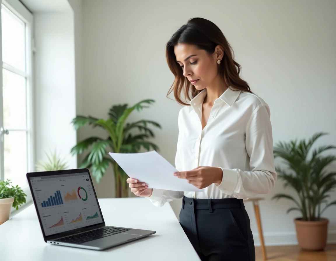 Femme consultant un document de planification patrimoniale sur son bureau à domicile avec graphiques financiers
