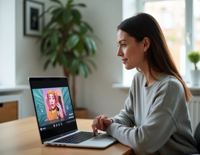 Femme regardant une plateforme vidéo de streaming sur son ordinateur portable dans un bureau moderne