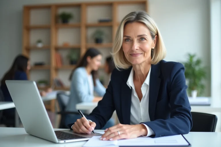 Femme professionnelle en blazer marine travaillant sur un ordinateur portable dans un bureau moderne, symbolisant la productivité et l'externalisation en entreprise