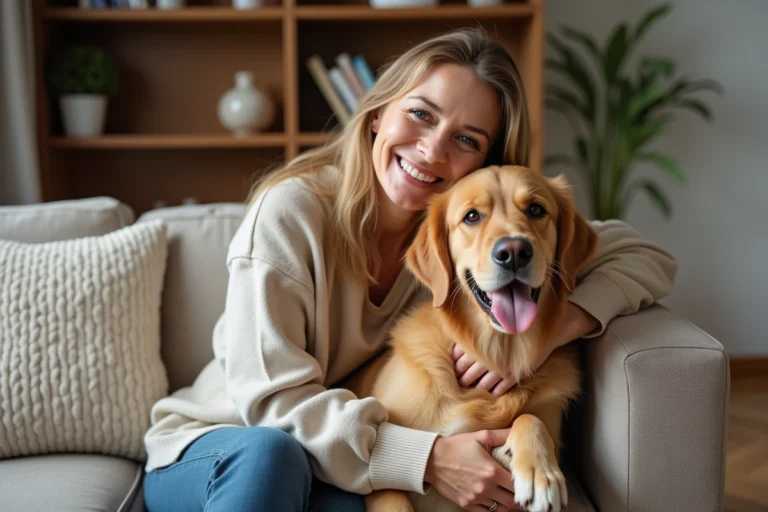 Femme souriante avec son retriever dans un salon chaleureux