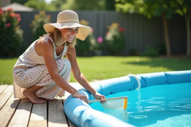 Femme souriante en été près de la piscine