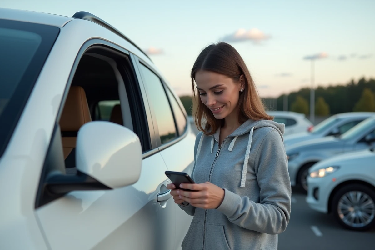 Femme consultant les données de consommation de son SUV hybride sur smartphone lors d'une pause autoroutière