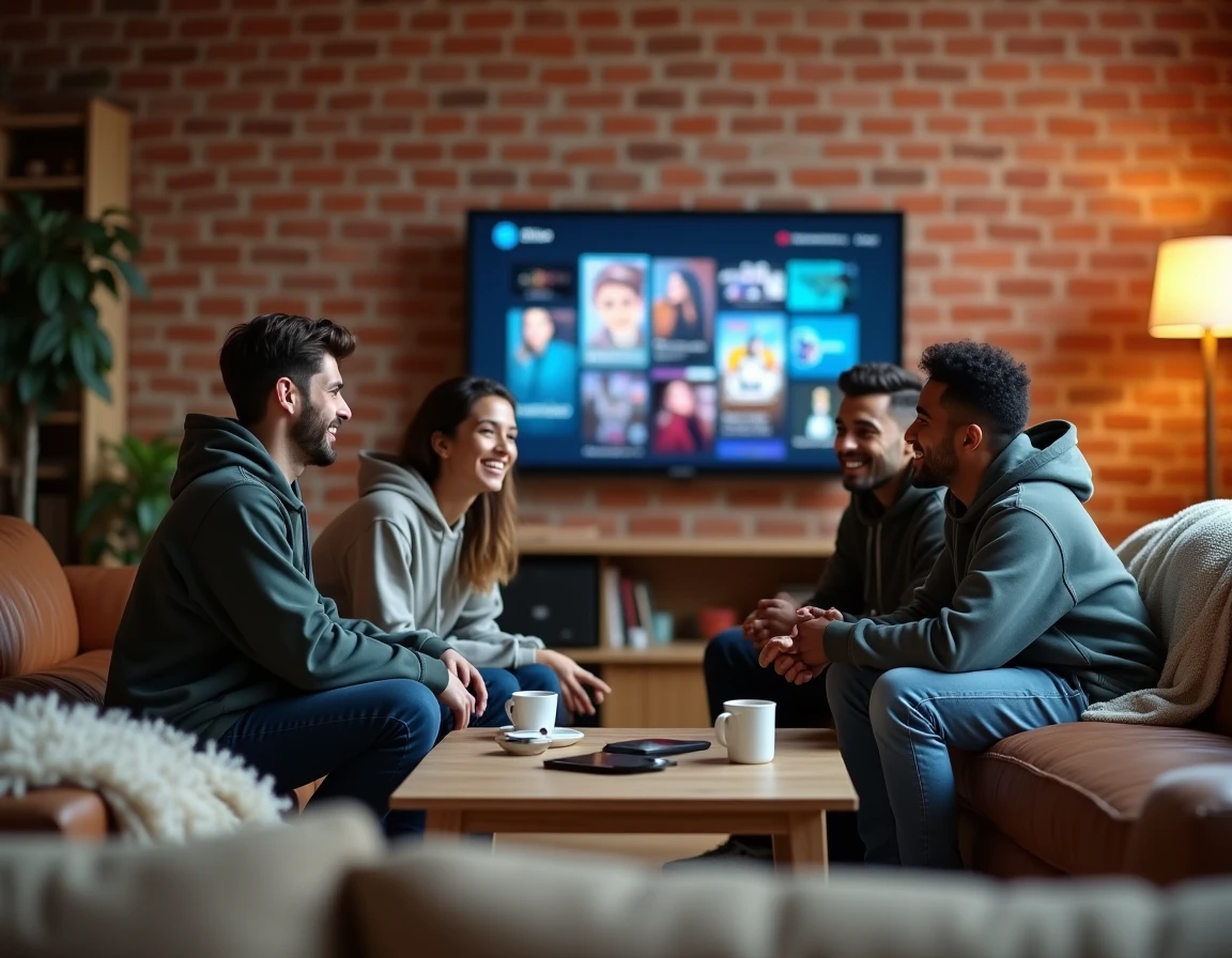 Groupe de jeunes adultes regardant ensemble une plateforme vidéo sur smart TV dans un appartement urbain