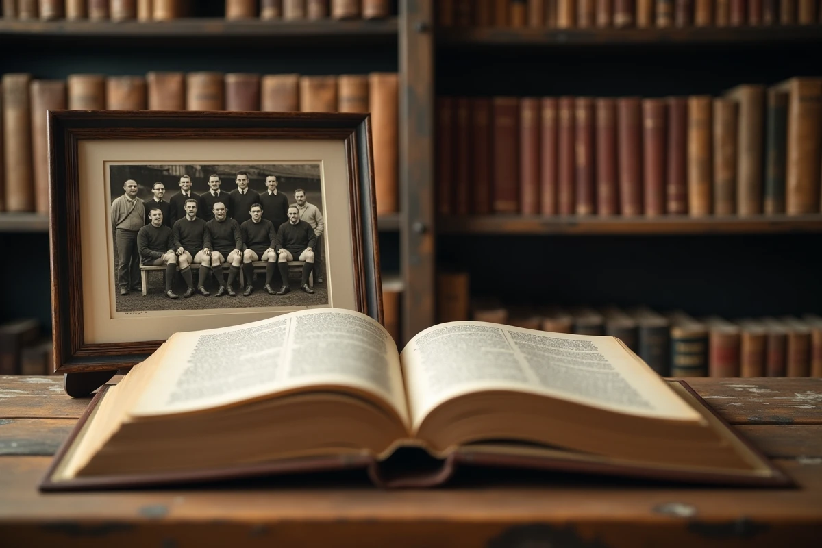 Photographie ancienne d'une équipe de rugby du début du XXe siècle posée à côté d'un livre d'histoire du rugby ouvert