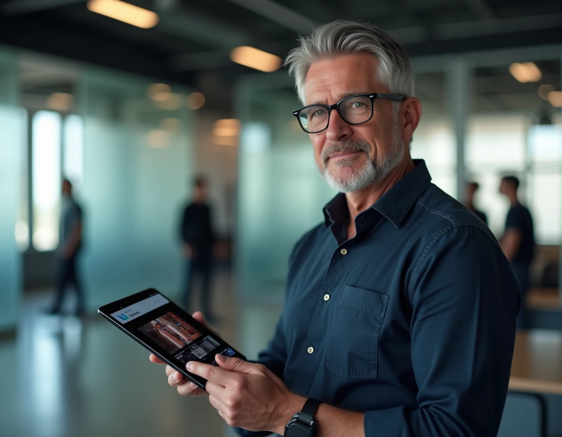 Homme d'affaires consultant une nouvelle plateforme vidéo sur tablette dans un espace de travail moderne
