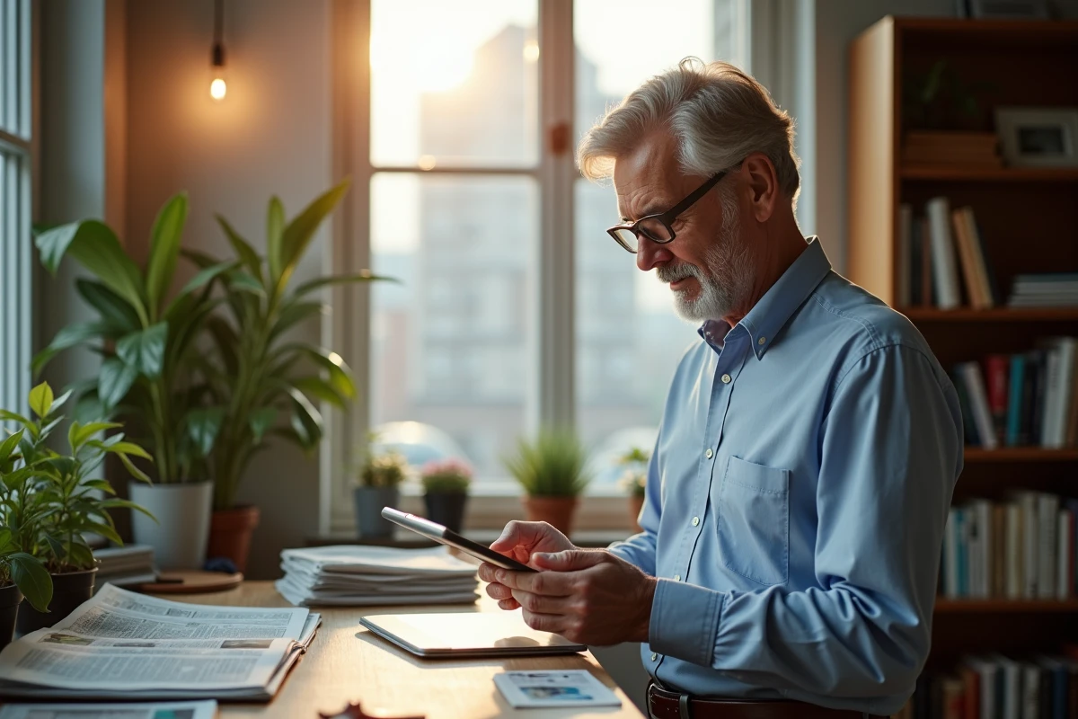 Homme âgé lisant des actualités dans un bureau lumineux
