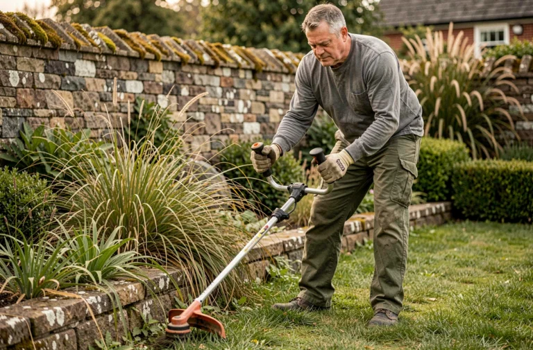 Homme utilisant un rotofil électrique pour border une pelouse le long d'un muret en pierre dans un jardin suburban