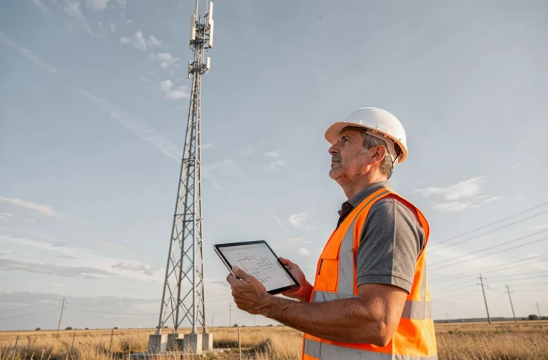 Ingénieur télécom inspectant la base d'une tour 5G en milieu rural, tenant une tablette avec des plans techniques