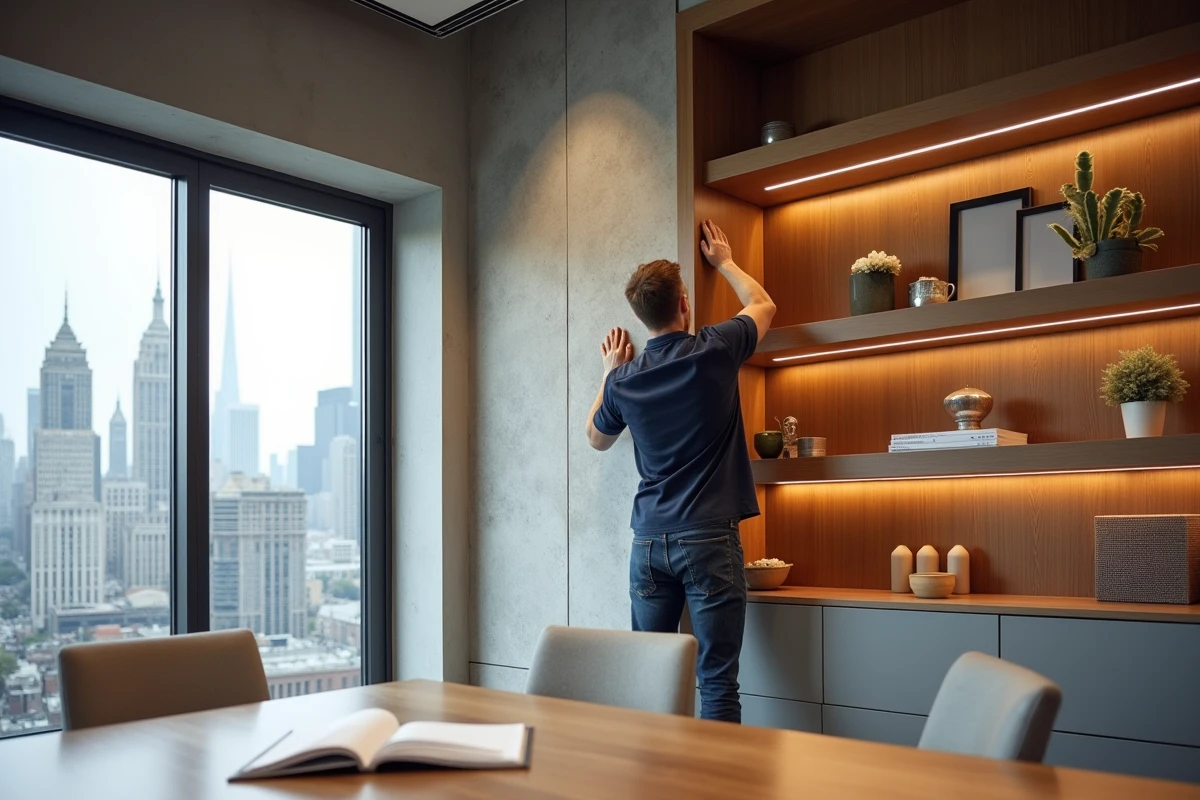 Jeune architecte installant des panneaux acoustiques dans une salle