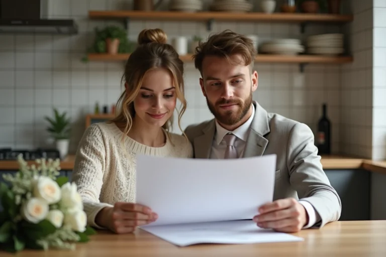 Jeune couple en mariage lisant des documents dans la cuisine
