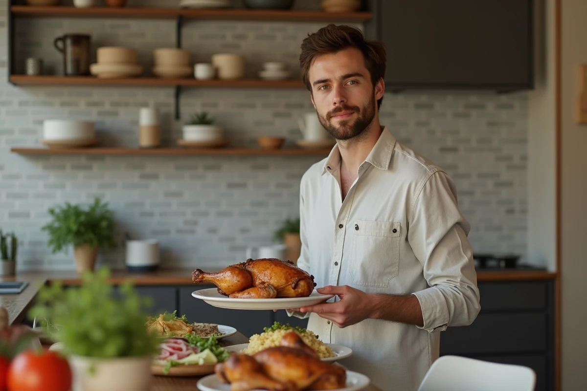 Jeune homme tenant un poulet rôti dans la cuisine moderne