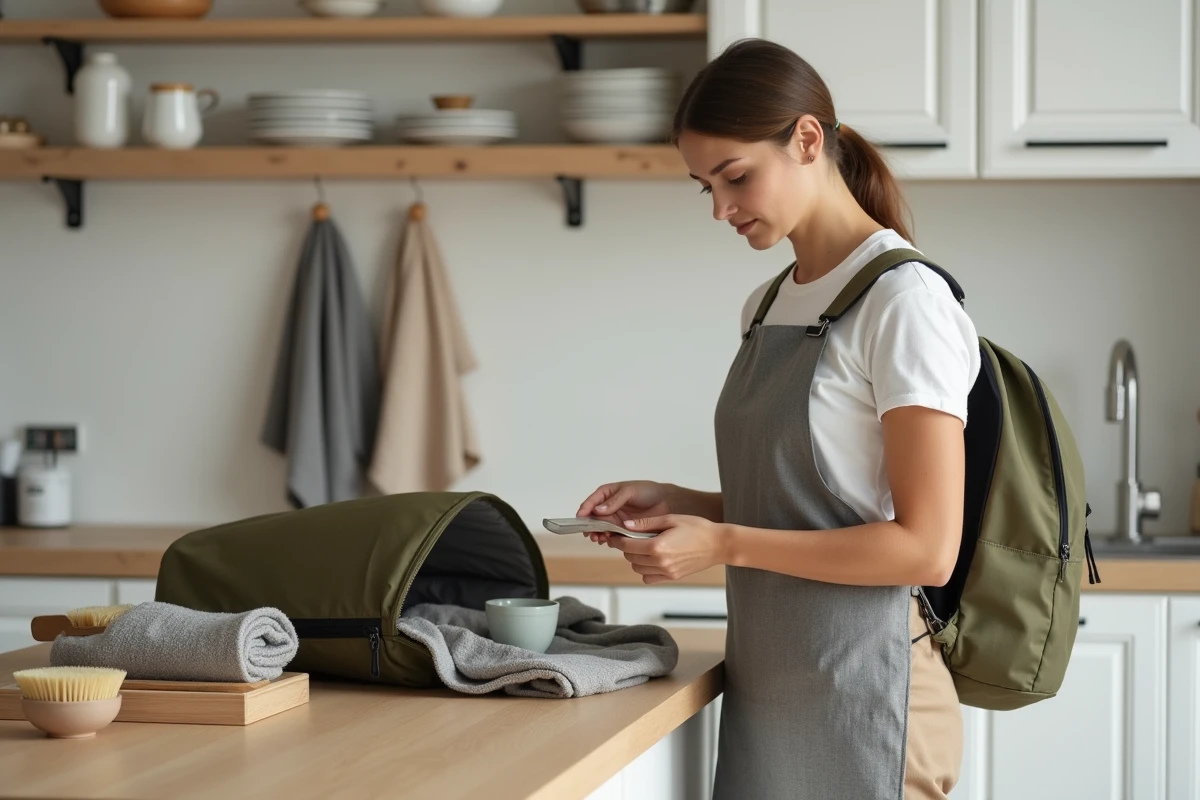 Jeune femme lisant l'étiquette d'entretien d'un sac Eastpak vert avant de le laver
