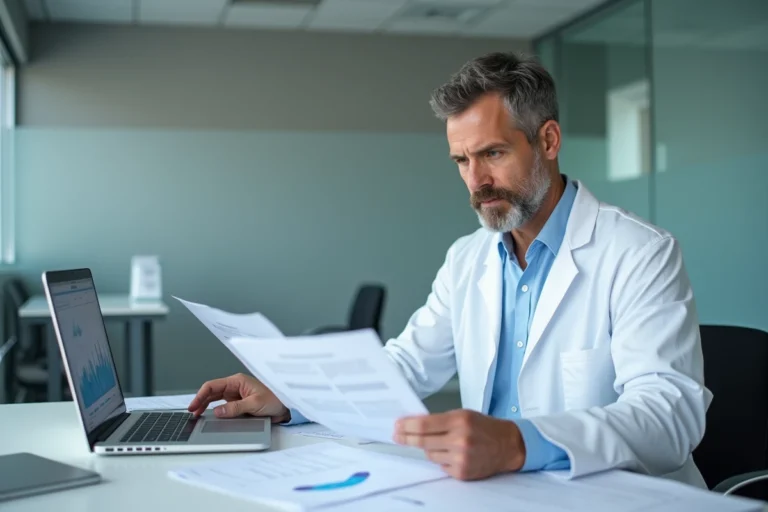 Médecin examinant des études cliniques sur l'efficacité du Ritonic en 2026 dans un bureau hospitalier moderne
