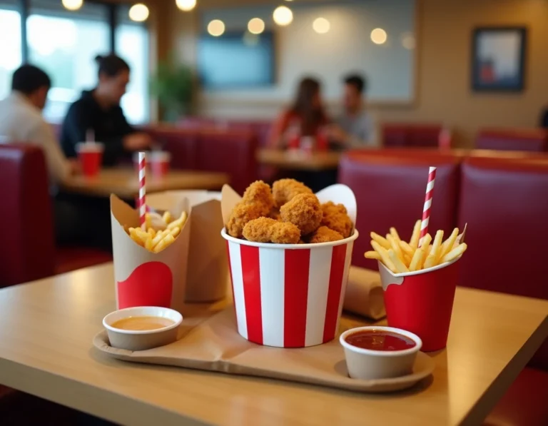 Menu bucket KFC partagé pour deux personnes avec poulet frit, frites et boissons sur une table en bois dans un restaurant fast-food