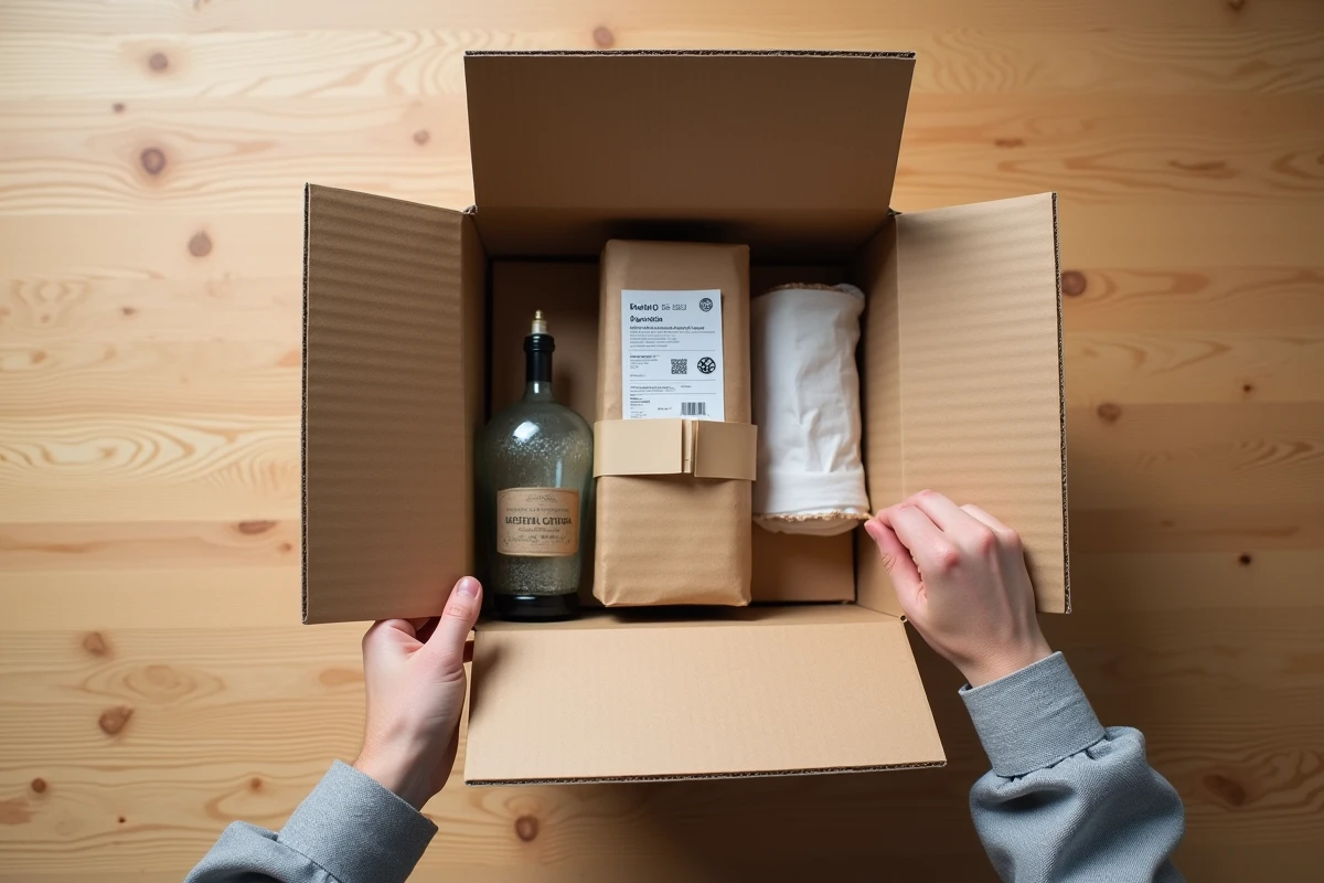 Ouverture d'un colis de livraison en ligne sur une table en bois avec des produits soigneusement emballés