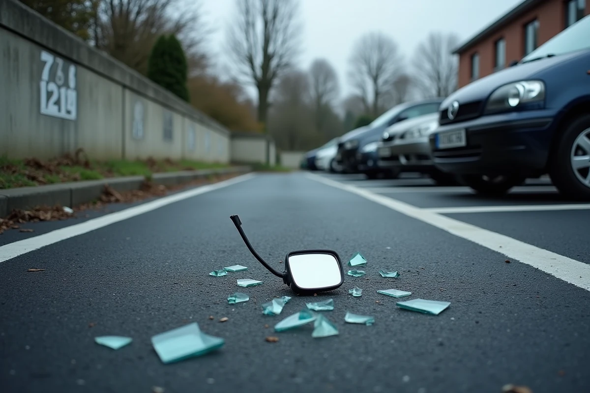 Place de parking vide avec des débris de verre au sol après un vol de voiture dans une zone urbaine française, illustrant les conséquences pénales du vol de véhicule