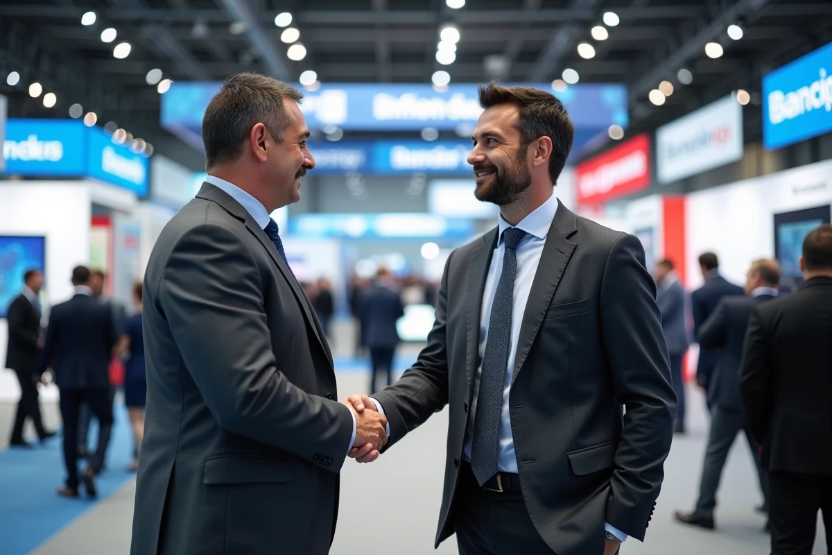 Homme d'affaires serrant la main d'un partenaire commercial lors d'un salon professionnel européen, symbolisant le développement et la croissance des entreprises en 2024
