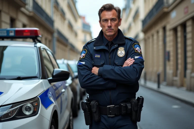 Policier français en uniforme appuyé contre une voiture de patrouille dans une rue parisienne, illustrant les sanctions pénales pour vol de voiture en France