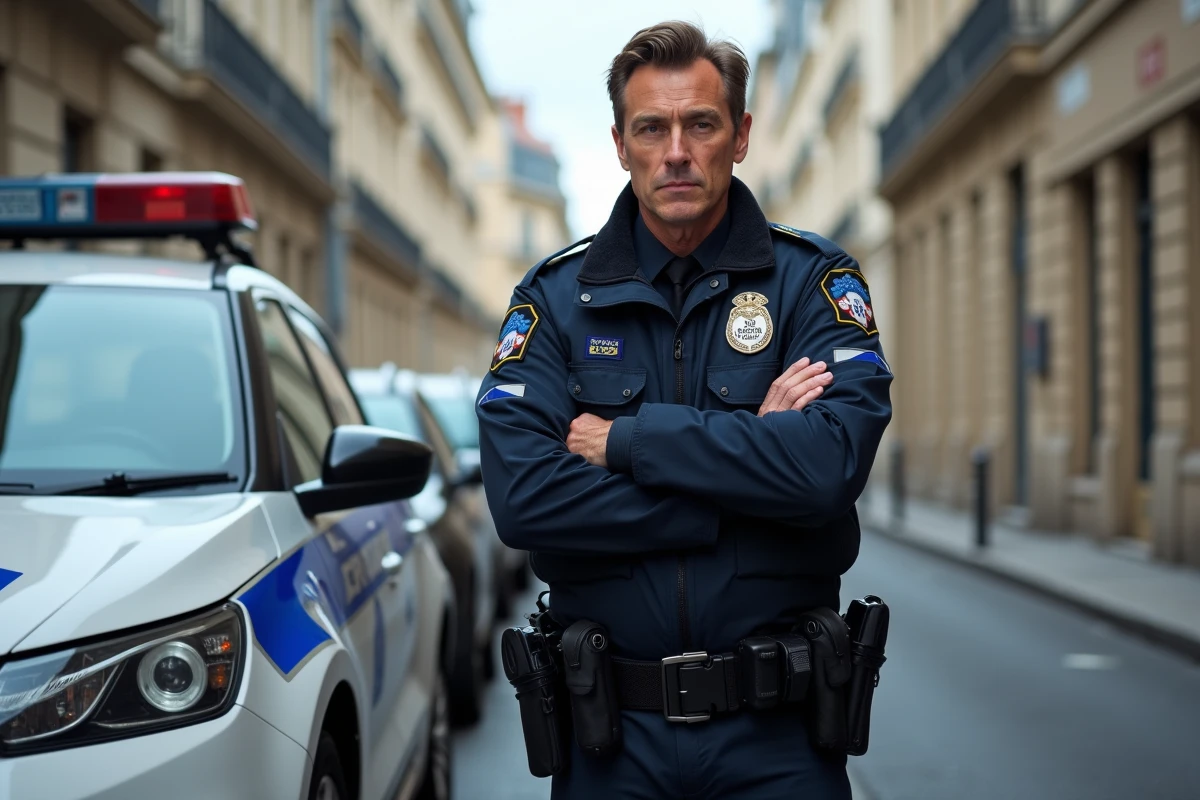 Policier français en uniforme appuyé contre une voiture de patrouille dans une rue parisienne, illustrant les sanctions pénales pour vol de voiture en France