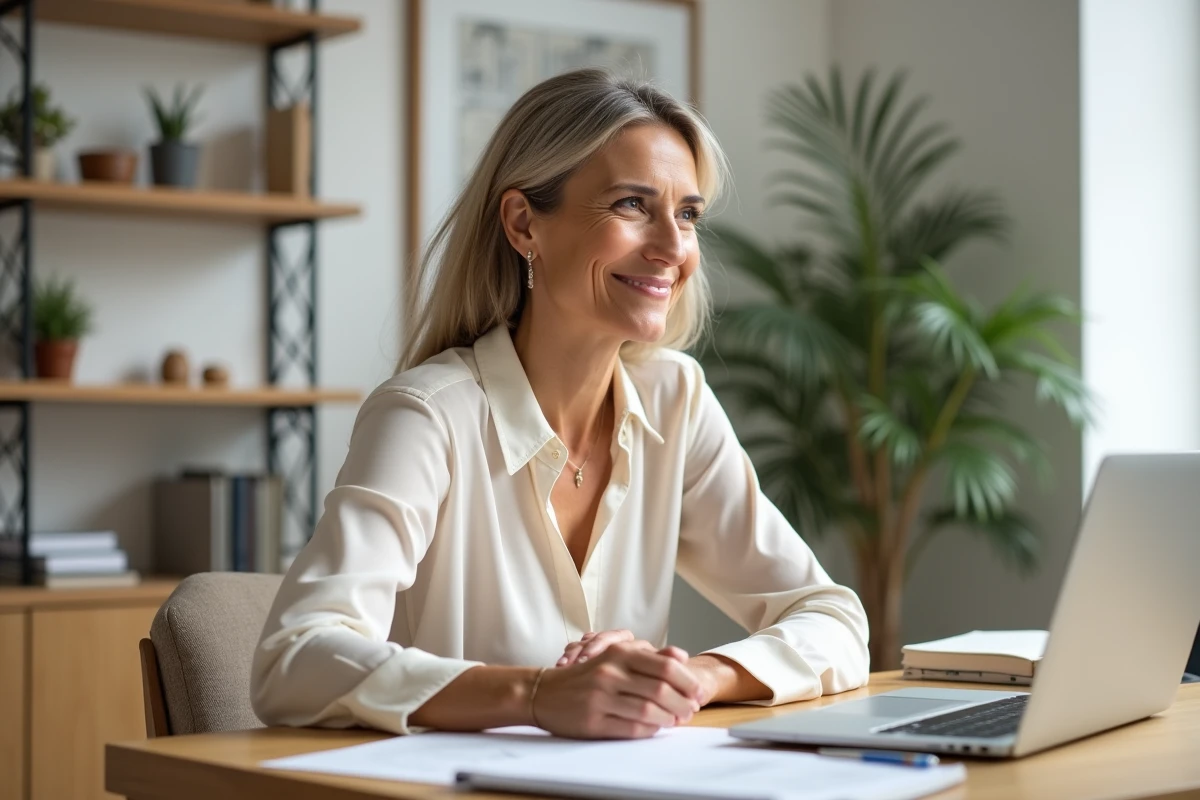 Portrait d'une femme accomplie dans un bureau contemporain à domicile, illustrant le profil inspirant de l'épouse de Guillaume Faury