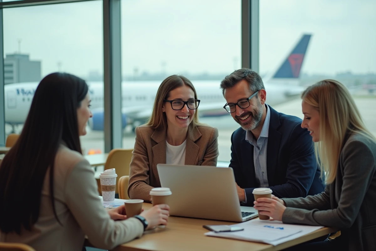 Professionnels de l'industrie aérienne réunis dans un salon d'aéroport pour discuter des nouveautés billets GP et ID Air France 2026