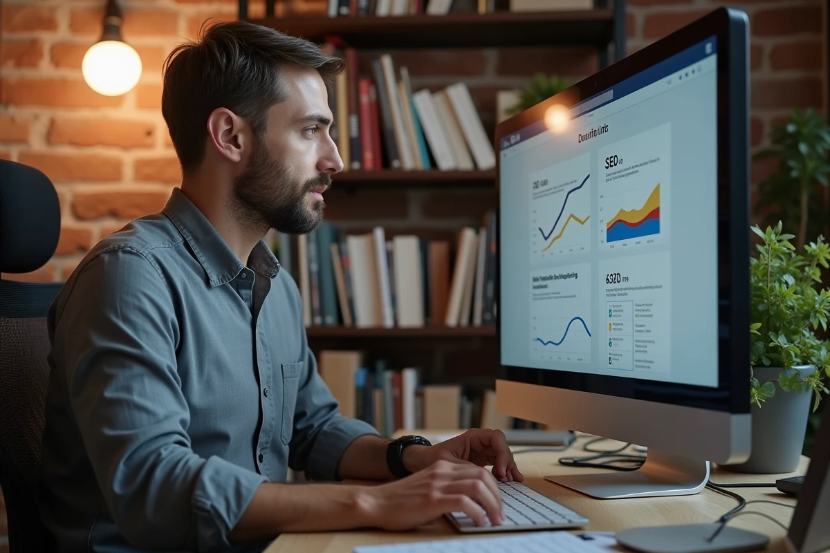 Rédacteur web freelance travaillant sur un tableau de bord SEO dans un bureau à domicile avec mur en briques, illustrant la rédaction web optimisée pour les entreprises
