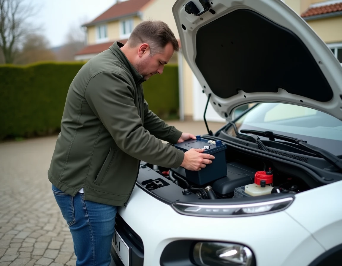 Remplacement de la batterie d'une Citroën C3 dans une allée résidentielle par un homme en vêtements décontractés