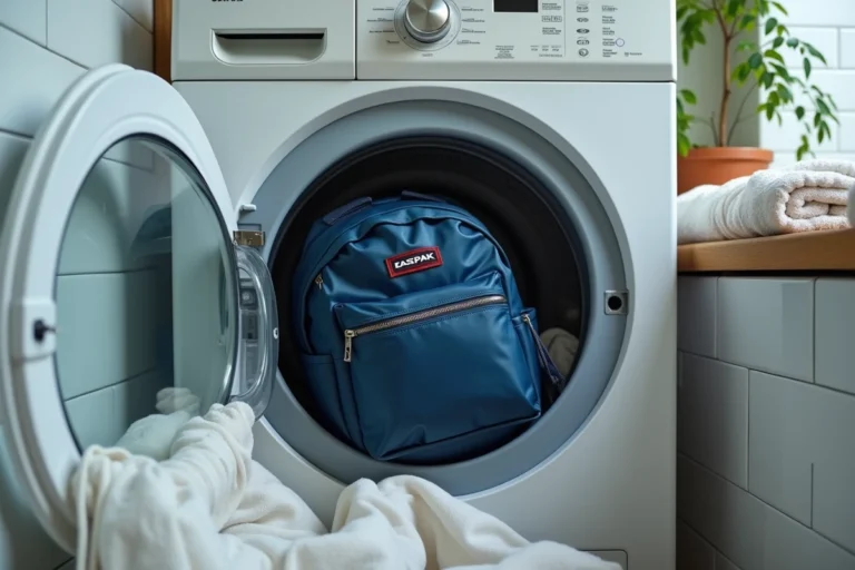 Sac à dos Eastpak bleu marine placé dans un tambour de machine à laver avec des filets de lavage et des capsules de lessive