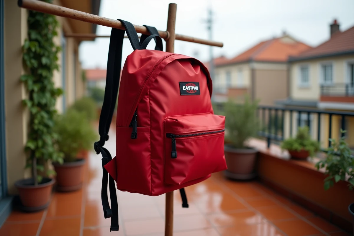 Sac à dos Eastpak rouge propre mis à sécher sur un étendoir en bois sur un balcon après lavage