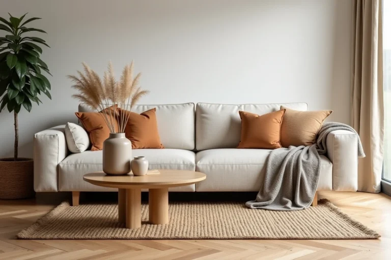 Salon scandinave décoré avec canapé en lin beige, table basse en chêne et plantes vertes pour une décoration intérieure harmonieuse