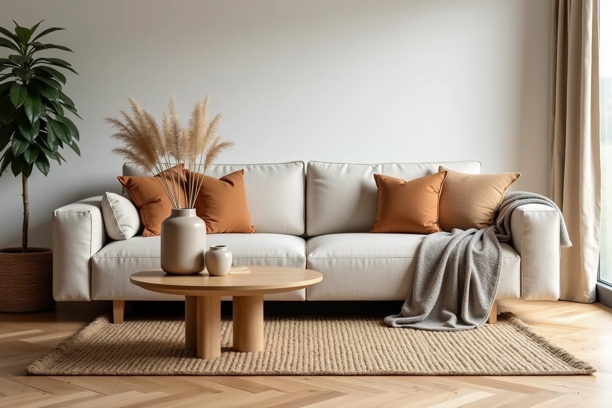Salon scandinave décoré avec canapé en lin beige, table basse en chêne et plantes vertes pour une décoration intérieure harmonieuse