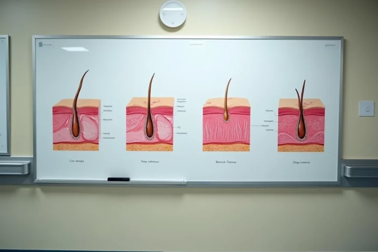 Affiche médicale illustrant les quatre stades d'évolution des escarres avec coupes anatomiques de la peau
