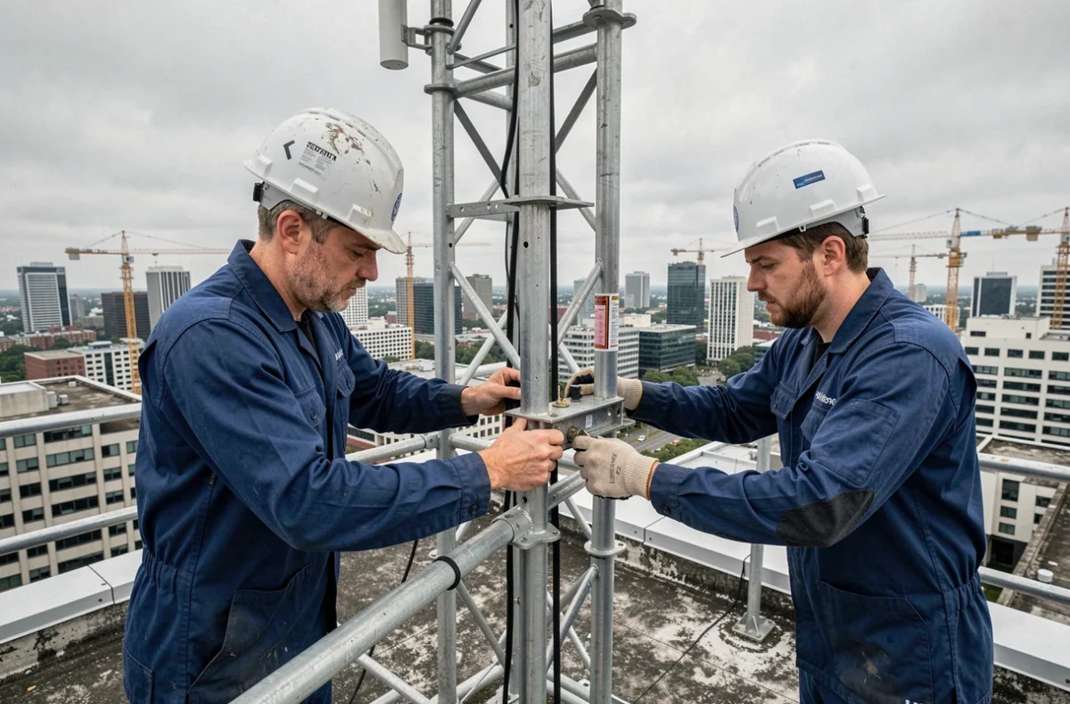 Deux techniciens installant une antenne 5G sur un toit en milieu urbain avec vue sur les immeubles de la ville