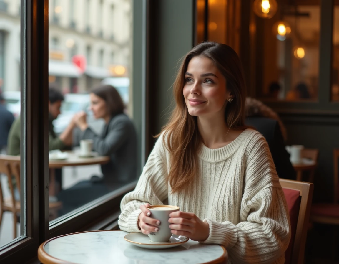 Jeune femme sportive et souriante attablée dans un café parisien, évoquant la vie personnelle et sentimentale d'une tenniswoman comme Kristina Mladenovic en 2024