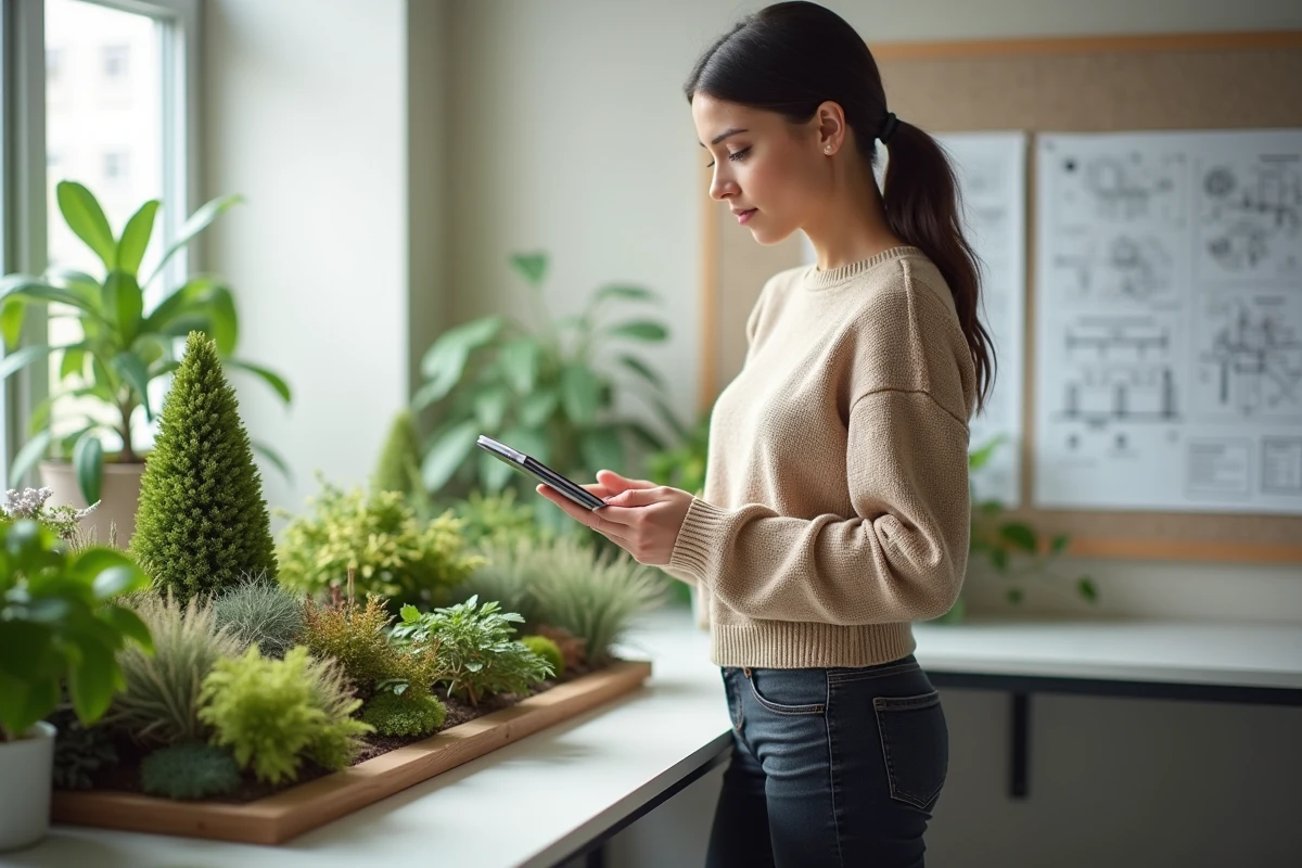 Jeune urbaniste évaluant un modèle de jardin sur un bureau