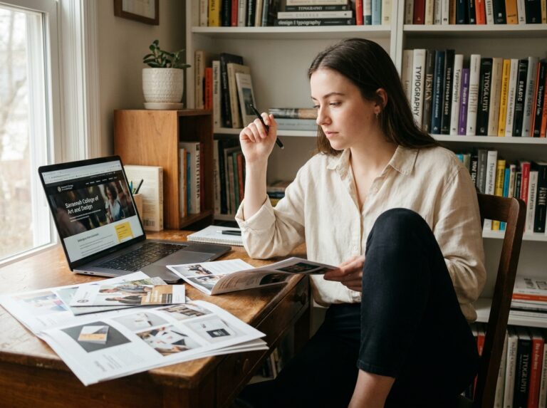 Jeune femme étudiant des brochures d'écoles d'arts appliqués avant de signer une inscription en 2026