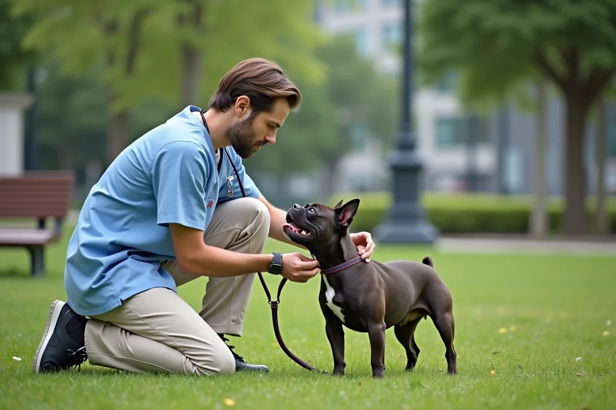 Vétérinaire examine un bulldog dans un parc urbain