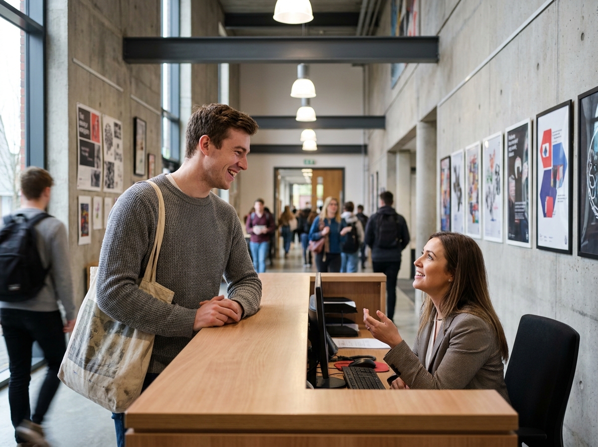 Étudiant en arts appliqués discutant avec un conseiller pédagogique lors d'une visite d'école avant inscription