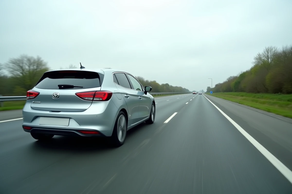 Voiture hybride moderne roulant sur une autoroute européenne vue de derrière en angle bas, économie de carburant en déplacement