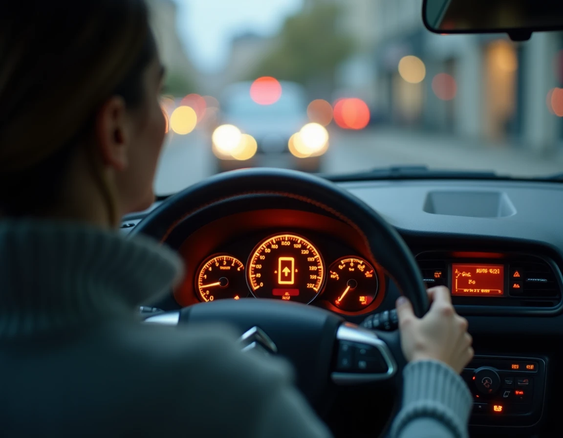 Voyant batterie allumé sur le tableau de bord d'une Citroën C3 avec conductrice inquiète en arrière-plan
