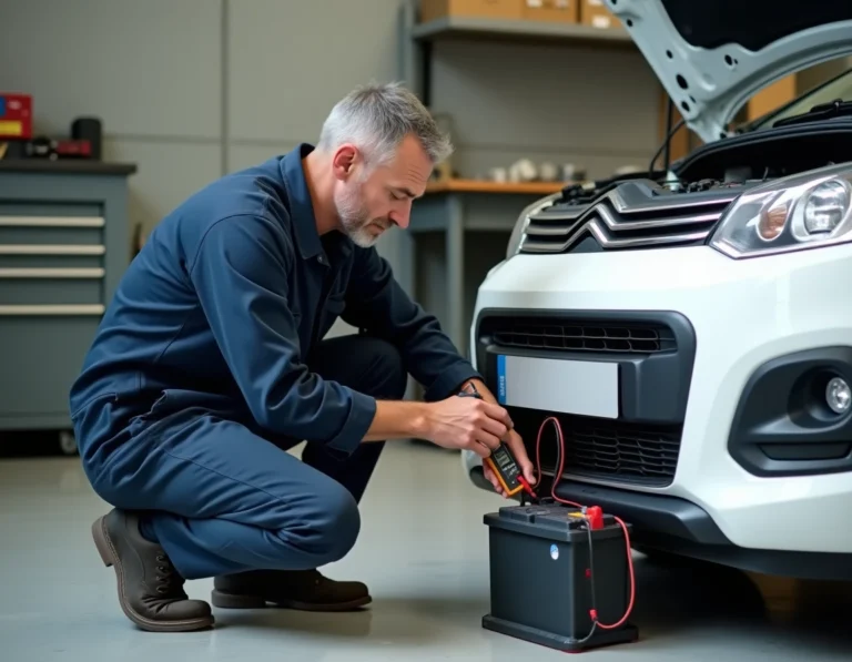 Mécanicien examinant la batterie d'une Citroën C3 avec un multimètre dans un garage automobile